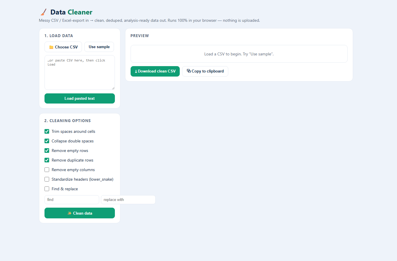 Data Cleaner web app screenshot