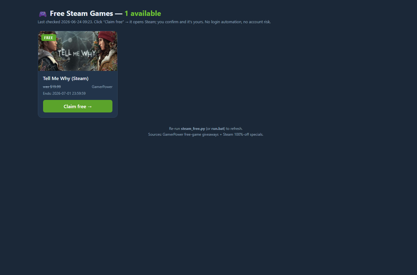 Steam Free Games Tracker generated HTML screenshot