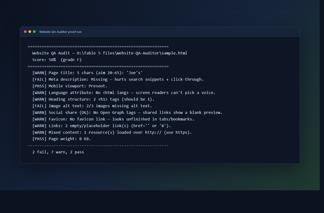 Website QA Auditor terminal screenshot