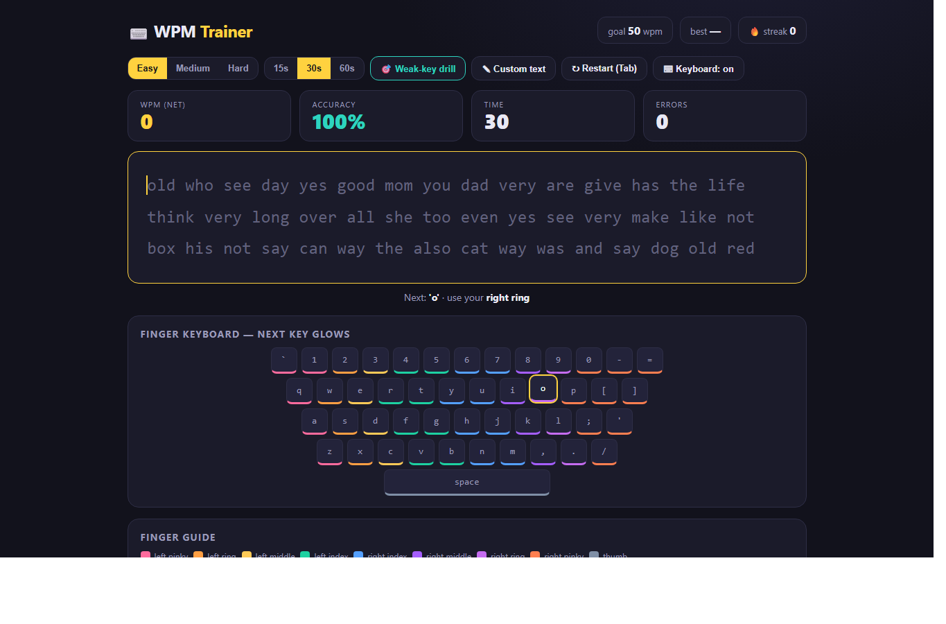 WPM Trainer web app screenshot